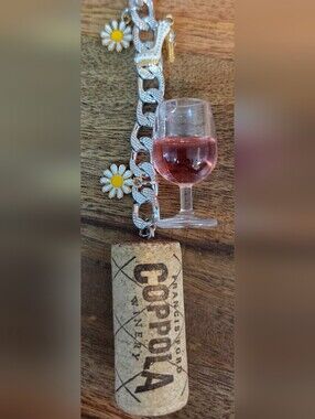Wine Lovers Alert! Pink Wine Glass Keychain with a Real Cork & Daisy Accents